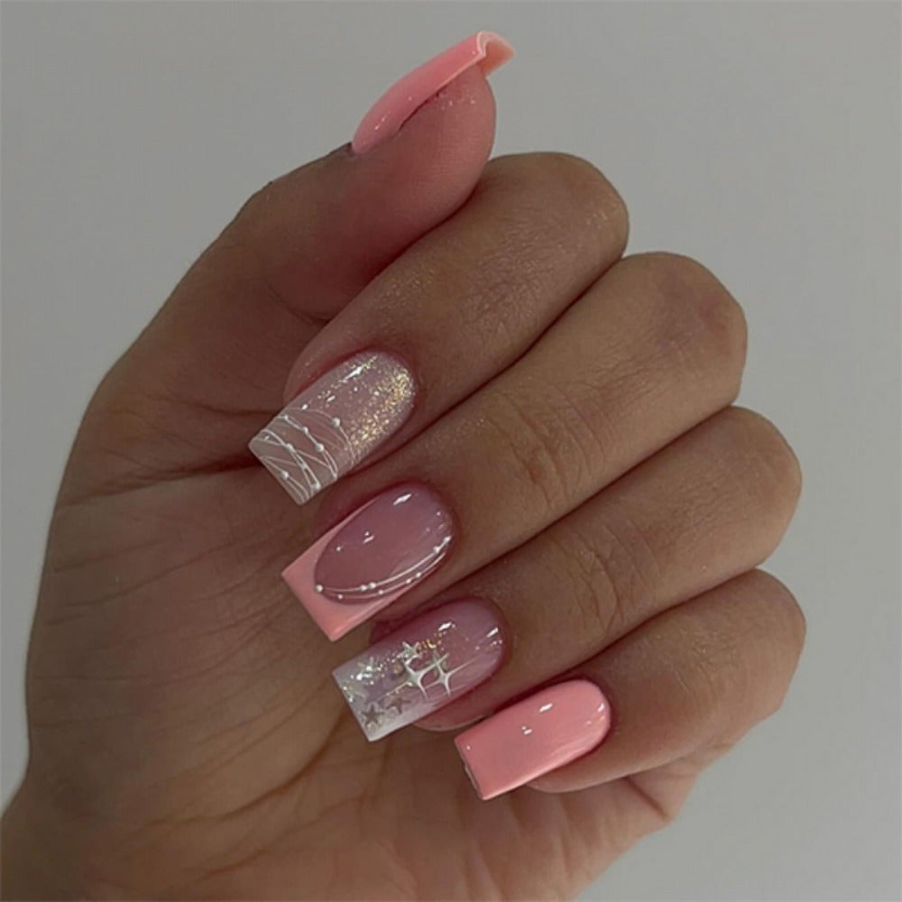 24pcss Press-On Nails, Elegant Pink French Style, Bow and Floral Designs, Coffin Shape, Perfect Fit and Lightweight, 4pcs Nail Tool Set, Ideal for Weddings and Parties, Makes You Irresistibly Charming!